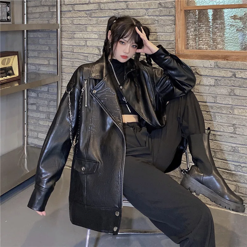 

Japanese Fashion Women Loose Leather Moto Jacket Chic Streetwear Long Sleeve Coat Outerwear Korean High Street Black Leather Top