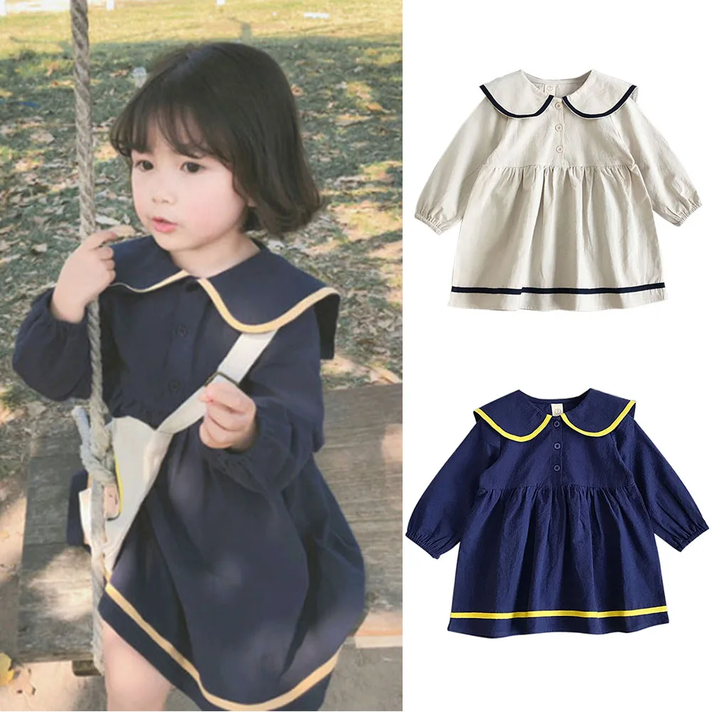 Pretty Girls Spring Fall Navy Style Baby Girl Clothes Turn-Down Collar Dresses Cute Long Sleeve Casual Loose Party | Детская одежда и