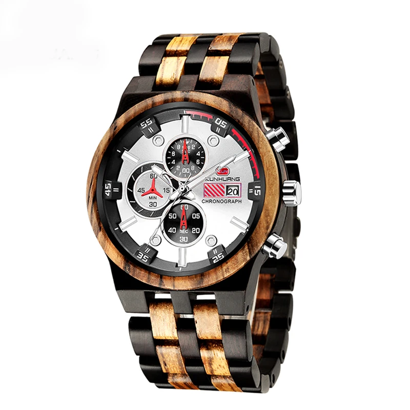 Роскошные деревянные мужские часы стильные Полный календарь кварцевые наручные