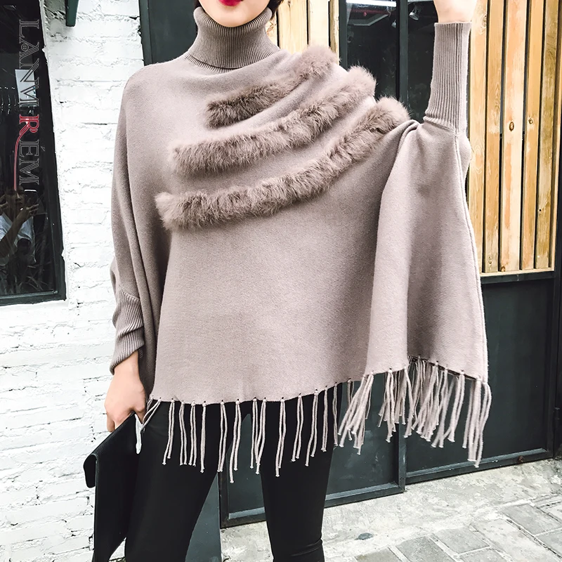 

LANMREM 2022 Autumn New Sweater Clothes Turtleneck Batwing Sleeves Tight Knitting Wraps Tassels Pullover Sweater WC31101XXL