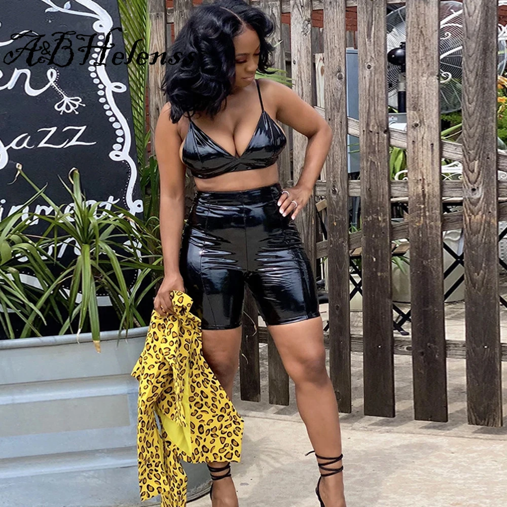 

A&BHelenss Summer Outfits for Women Strap Crop Top+high Waist Biker Short Cord Tracksuits Black Bright PU Leather 2 Piece Set