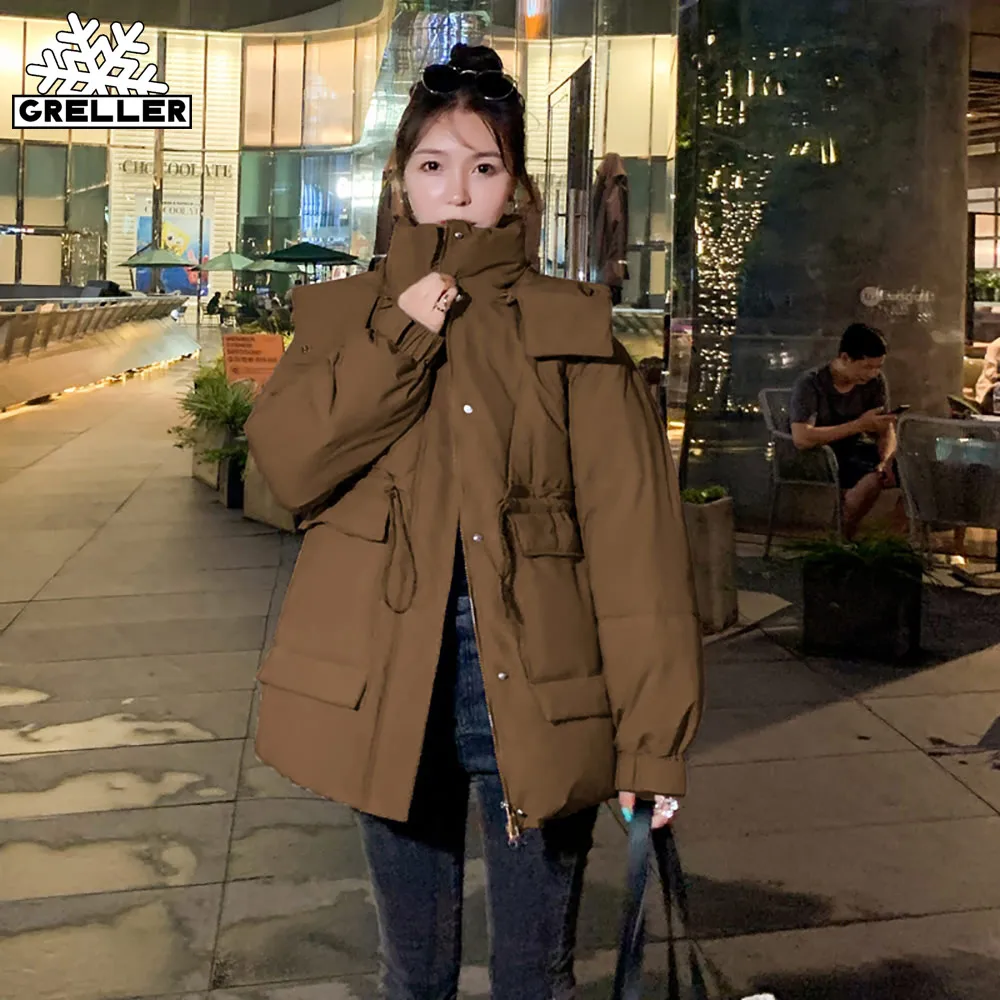 

GRELLER 2021 New Fashion Short Winter Coat Women Clothing Hooded Parkas Slim Casual Warm Winter Jacket Women Basic Outwear