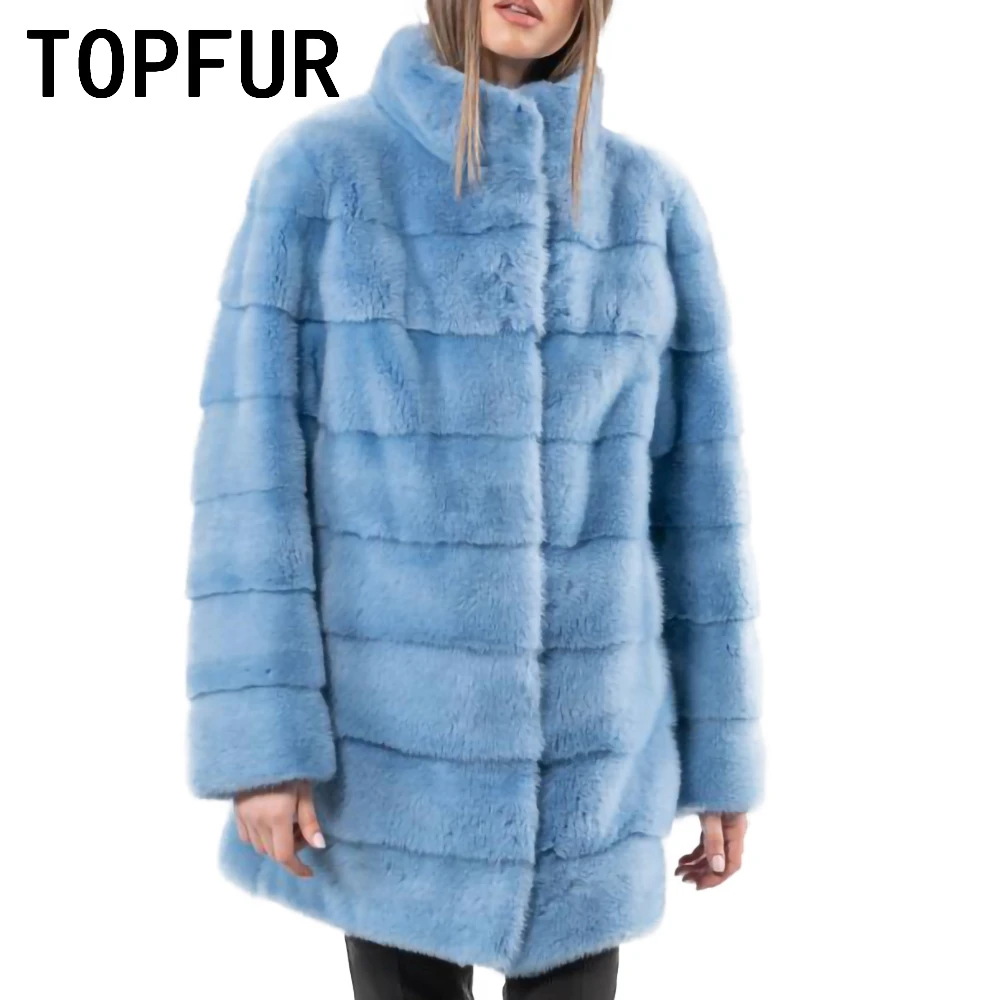 TOPFUR Import Blue Natural Mink Fur Coat Luxurious Round Neck Basic Jacket Loose Fashion Real Fur Coat Woman Outwear Customized