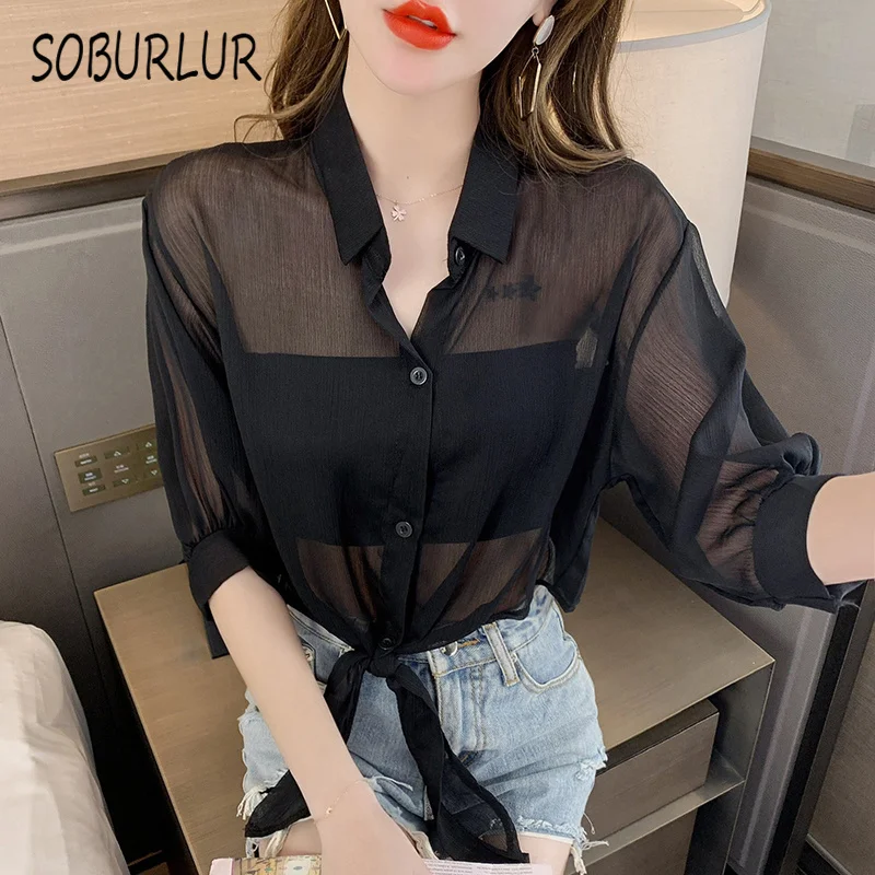 

SOBURLUR 2021 Summer New Solid Color Chiffon Coat Basic Blouses Women's Shirt Blousas Women‘s Clothing Top Woman Sexy Crop