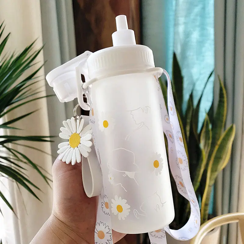 

500ml Kawaii Small Daisies Milk Water Bottle With Straw Portable Leakproof Frosted Glass Fashion Cute Drinking Coffee Cup