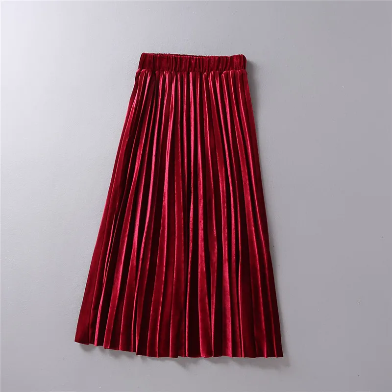 

2020 spring summer clothing new street solid color elastic waist pleated skirt women were thin retro wind gold velvet A skirt