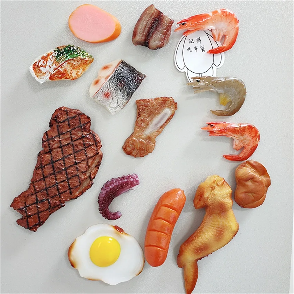 Simulation Fake Food Props Meat Balls Shrimp Green Pepper Agaric Kelp Scallop Refrigerator Magnetic Paste Kitchen Stickers 1PC | Дом и сад