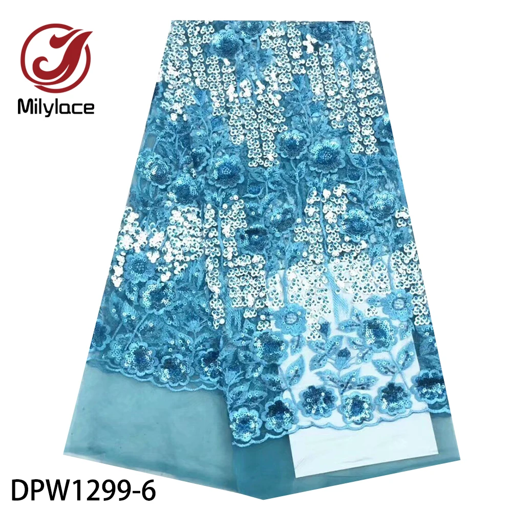 

African Lace Fabric High Quality 3D Flower Lace Embroidered Fabric with Sequins for Nigerian Wedding Dress DPW1299