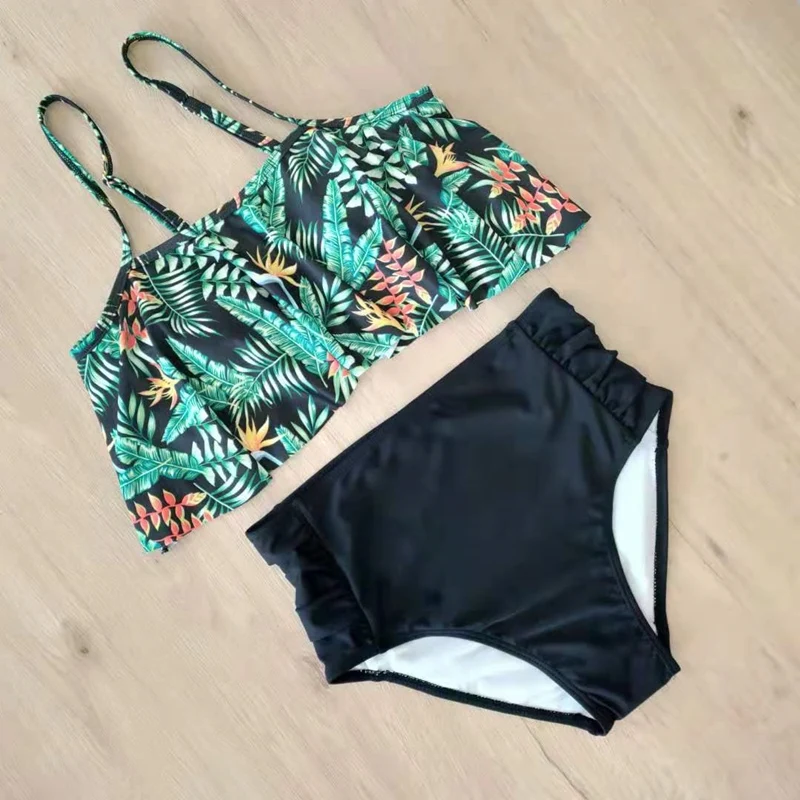 

2020 New Sexy Ruffled Lotus Swimsuit Women Solid Color Swimwear Floral Beachwear S-2XL Girl High Waist Bathing Suit Bikini Set