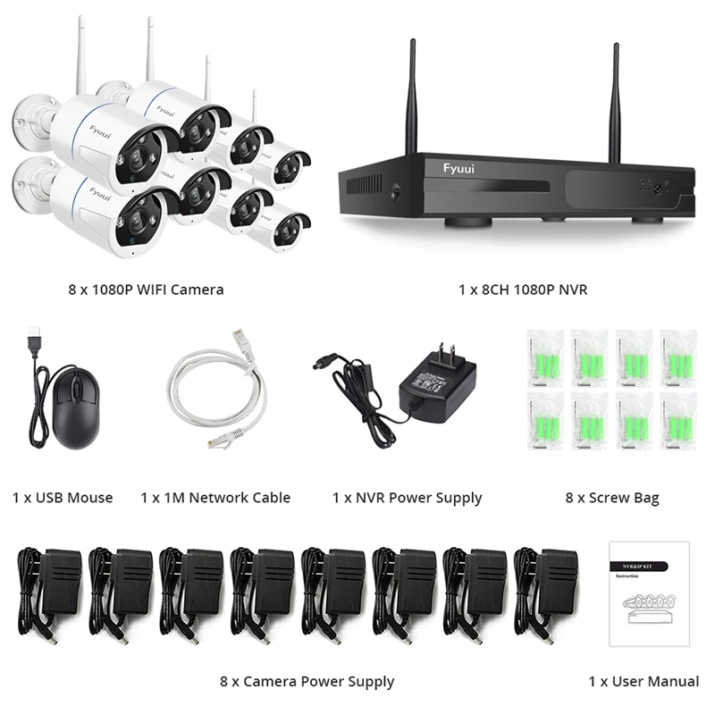 Fyuui 1080P 8CH Беспроводной Wi-Fi видеокамера с Камеры Скрытого видеонаблюдения Системы, H.265+ NVR с 4/8 шт. 2MP пуля Камера 2-М), двусторонняя аудиосвязь, автоматическое соединение