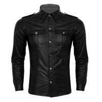 men faux leather shirts pu leather long sleeve shirts men sexy fitness tops gay latex shirts mens stage tops sexy party clubwear