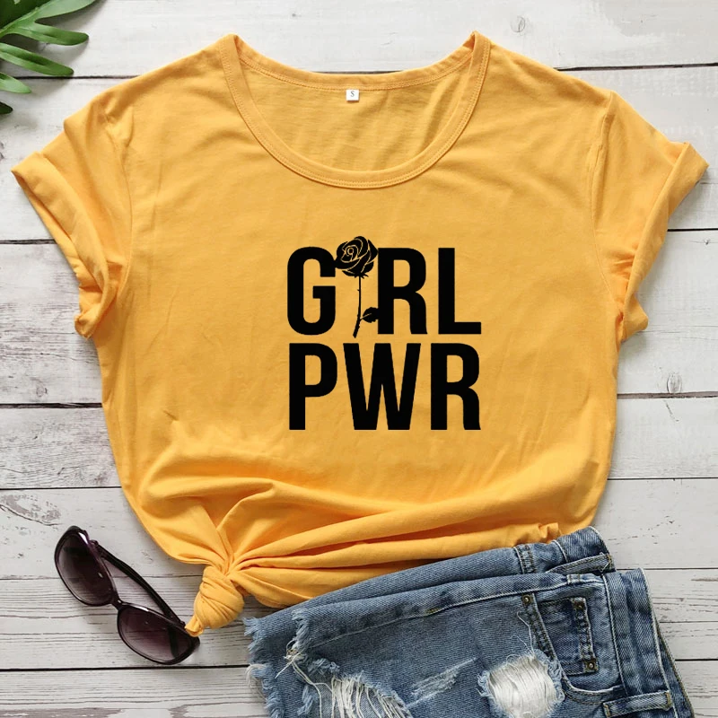 GRL PWR Rose Print T-shirt Fashion 90s Girl Power Graphic Tee Shirt Top Cute Women Short Sleeve Feminist Tshirt Dropshipping | Женская