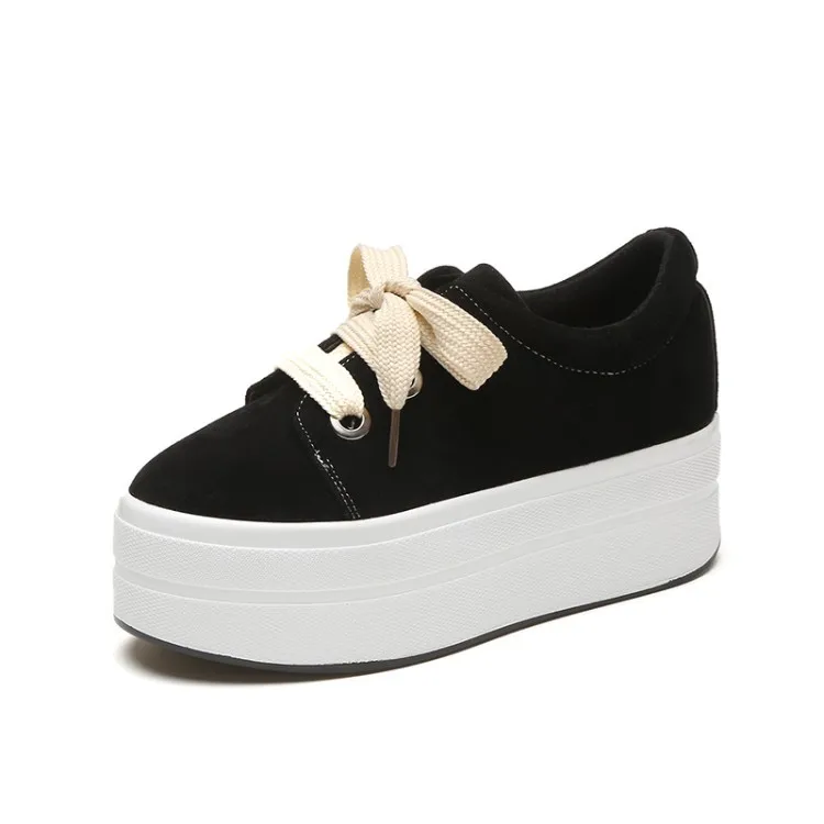 Autumn muffin with lace scrub sneakers women's increased walking shoes waterproof platform student female sports shoes ZQ-56 - Цвет: Черный