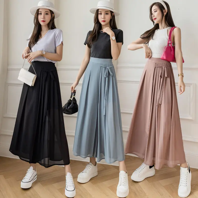 

Chiffon wide leg pants summer 2021 new Pleated Chiffon nine point elastic waist casual pants skirt 898#p50