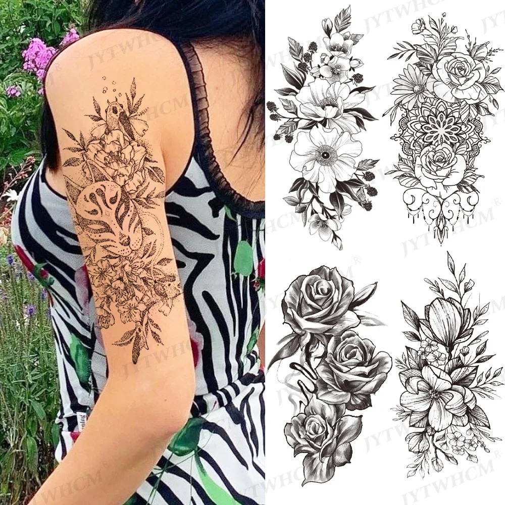 Черная татуировка стикер Мода цветок Роза пион черный водонепроницаемый