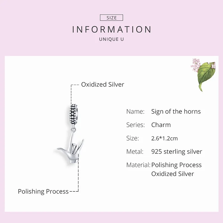 2020 Hot Sale 925 Sterling Silver Sign of the horns Woman Necklace Pendant fit bangle Beads Bracelet Charm Jewelry Making Gift | Украшения