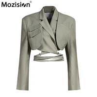mozision irregular elegant blazer for women notched long sleeves lace up bowknot blazers female 2021 spring fashion new coat