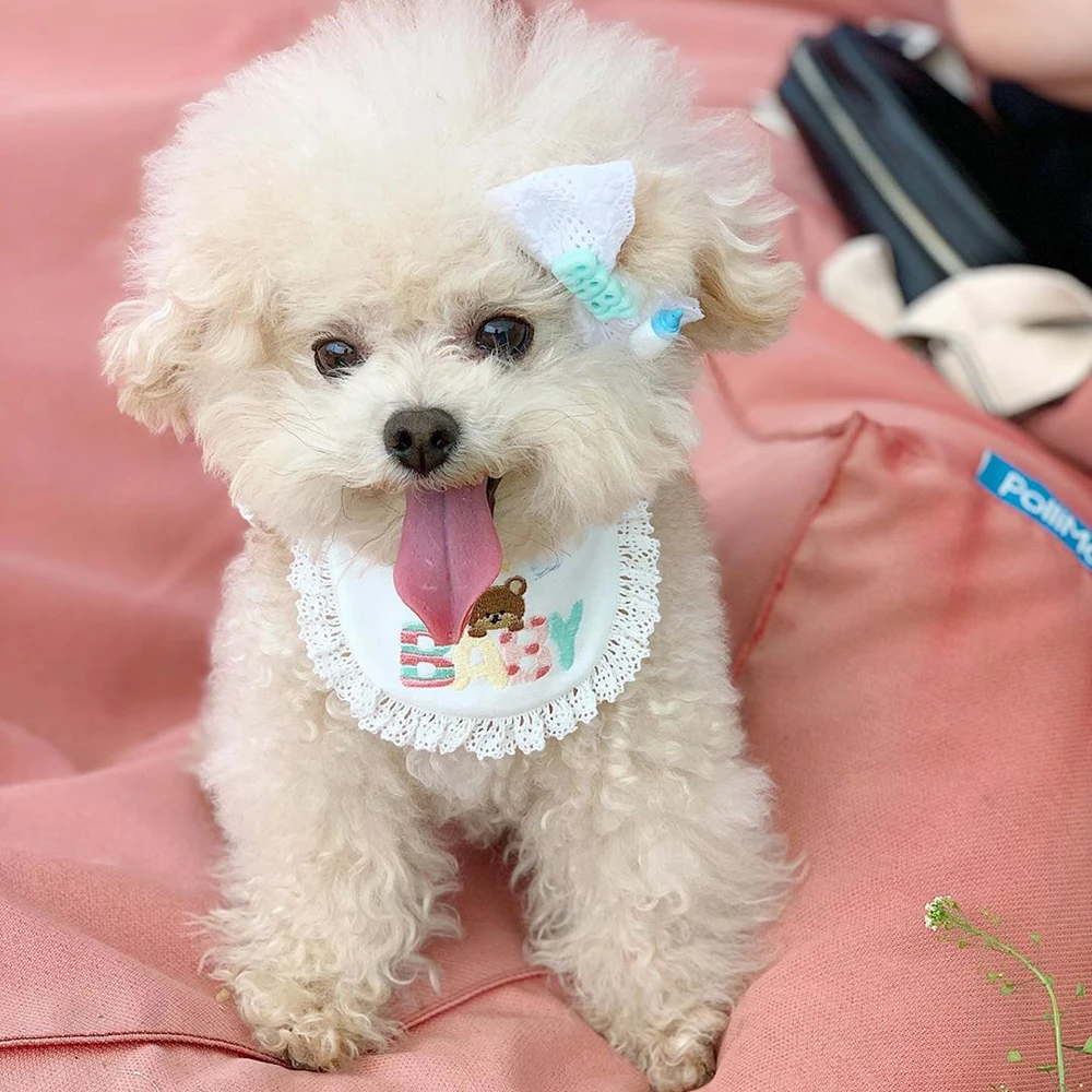 

INS Pet Saliva Pocket Korea Hot Deal 100% Cotton Bibs For Dog Embroidery Bear Pattern Available In All Seasons White Puppy Use