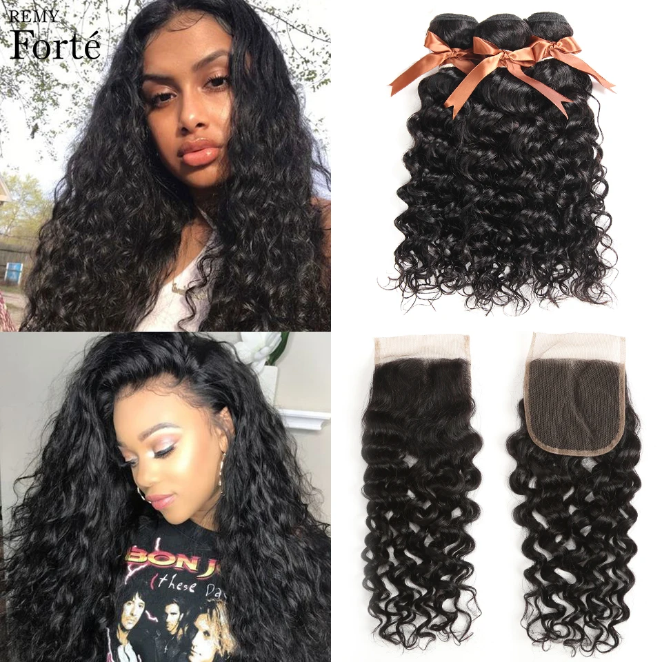 Remy forte Water Wave Bundles With Closure 30 Inch Bundles With Closure  Brazilian Hair Weave Bundles 3/4 Bundles With Closure