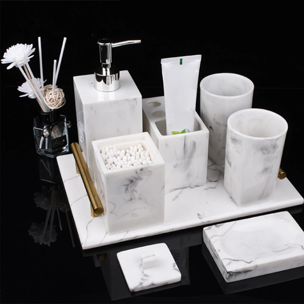 

5pcs Resin Marble Texture Toothbrush Holder Liquid Soap Dispenser Soap Dish Tumblers Bathroom Accessories Set