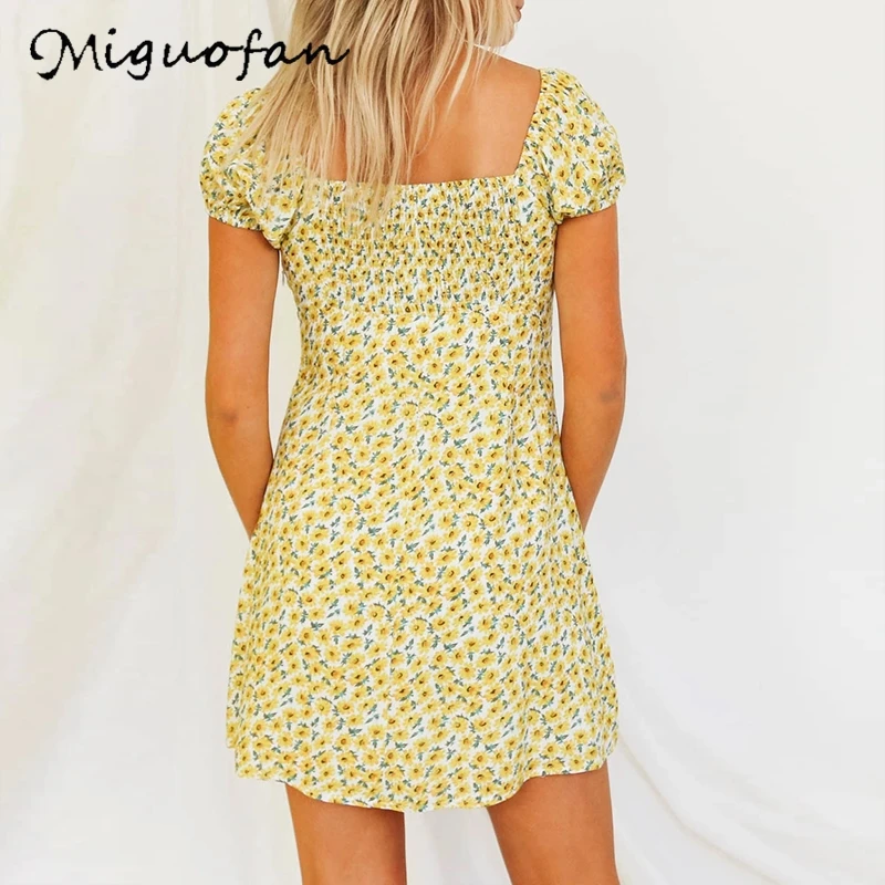 Miguofan dresses for women lace up flower print boho style beah holiday summer dress vintage sexy mini puff sleeve vestido | Женская