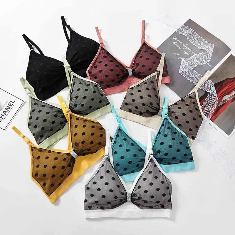 Винтажный сетчатый кружевной бюстгальтер в горошек без косточек пуш ап