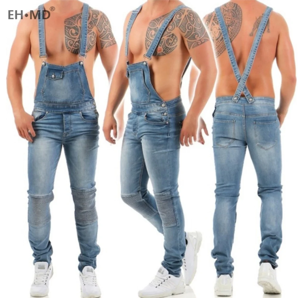 EH · MD®Цельный комбинезон джинсы мужские черные брюки с отверстиями и царапинами