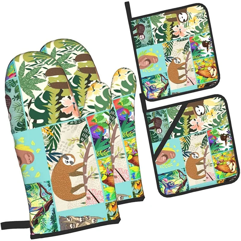 

Oven glove and pot holder set heat-resistant 4-piece set, kitchen utensils non-slip insulating gloves for baking and cooking