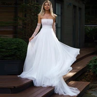 simple tulle wedding dress elegant strapless three quarter with beading a line pleats illusion backless bridal gown for women