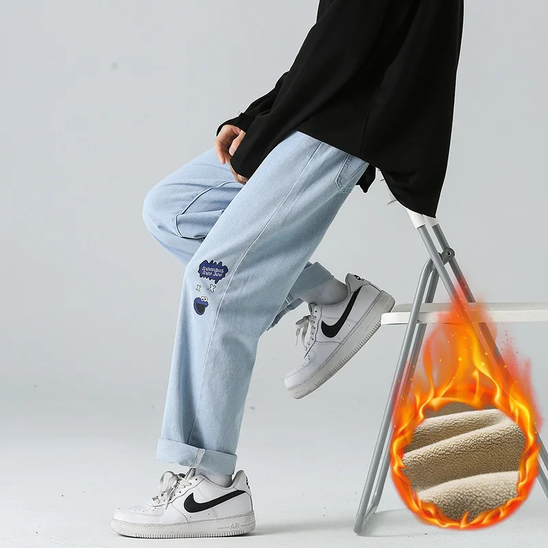 

Winter plus velvet jeans for men and women, Hong Kong style, neutral style, couple models, printed loose straight-leg pants