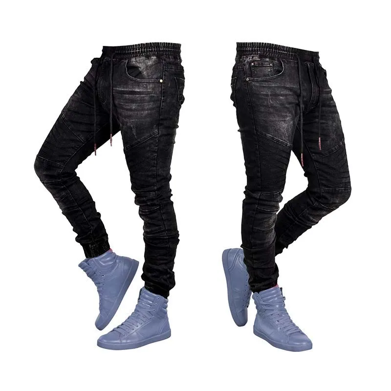 Spring Autumn Men Jeans Solid Drawstring Denim Pants Elastic Belt Fashion Casual Classic Harem Trousers Jogger Pencil Pants 2021