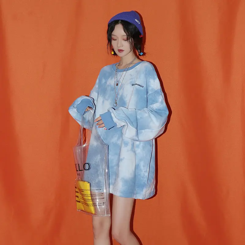 HOUZHOU Tie Dye Oversized Hoodie Harajuku Pullovers Vintage Women Sweetshirts Streetwear Women Sudaderas Korean Fashion Blouses