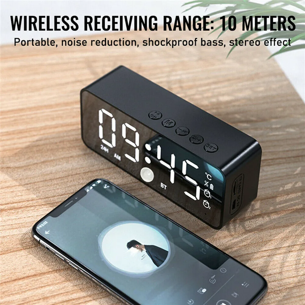 

Poratable LED Mirror Digital Alarm Clock Wireless Bluetooth Speaker MP3 FM Radio Desktop Clock Table Decor