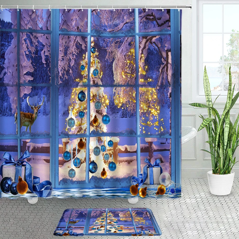 

Outside Window Christmas Tree Elk Cedar Shower Curtains Bath Mats Set Winter Xmas Bathroom Decor New Year Door Mat Non-slip Rugs