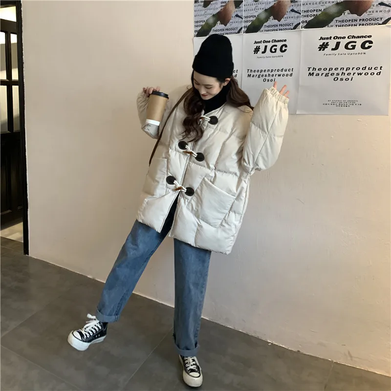 

Winter Thicken Women's Loose Coat Horn Button Warm Solid Color Female Cotton Simplicity Fashion All-Match Jacket For Women