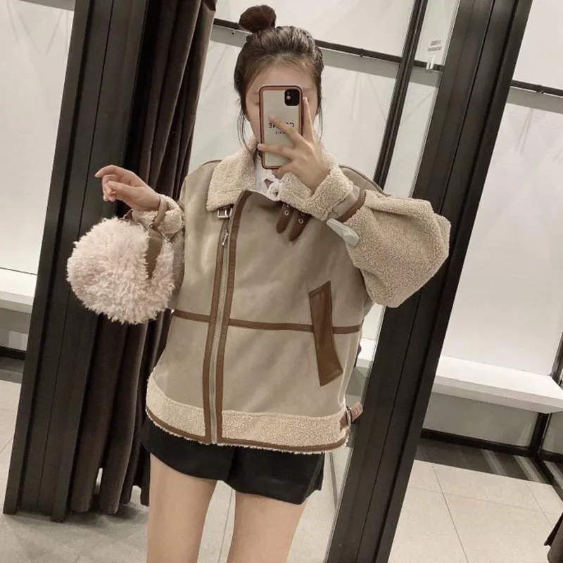 

SeeBeautiful Suede Stitching Large Size Thick Jacket Coat Lapel Long Sleeve Zipper Pockets New Fashion Autumn 2021 Women M759