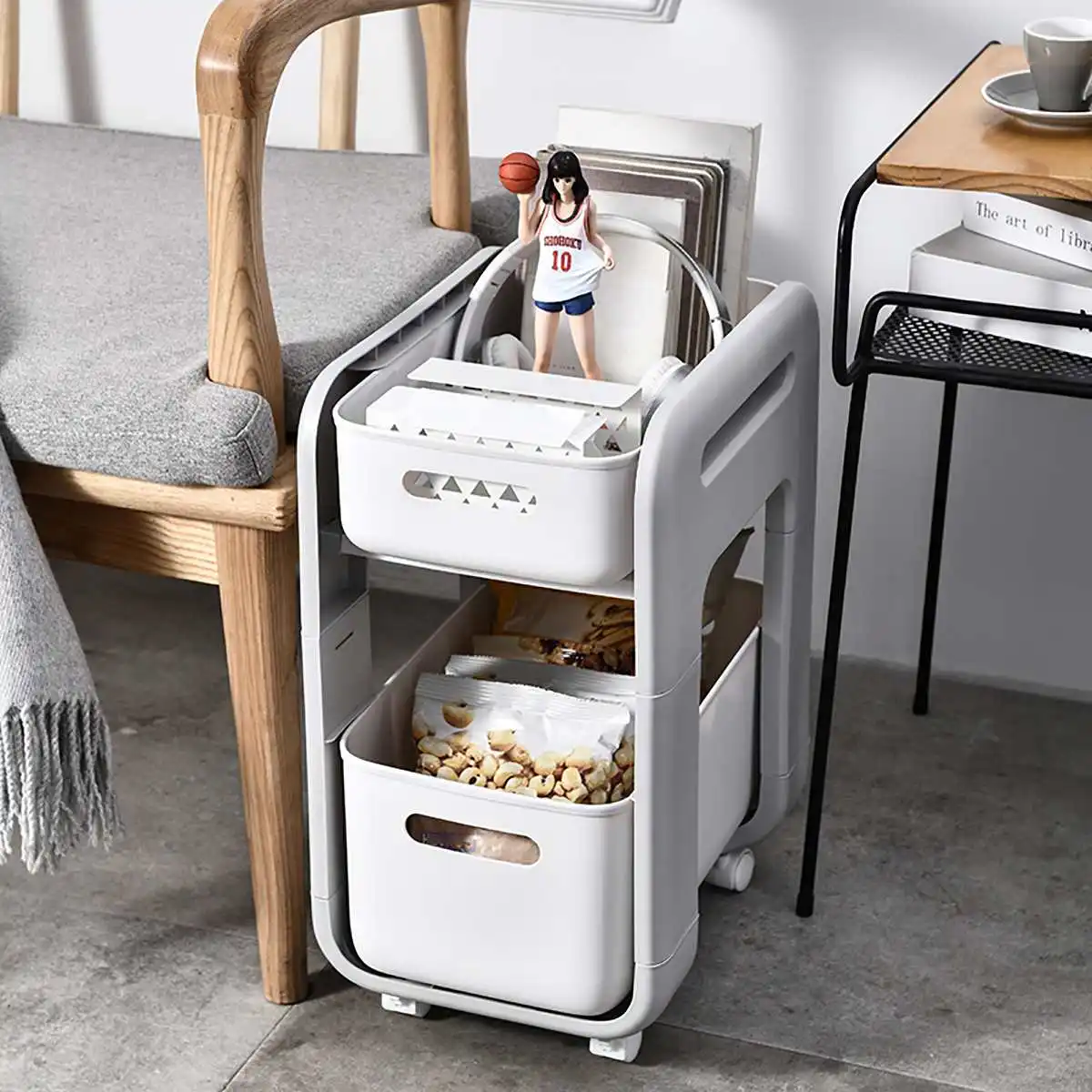 

Kitchen Removable Storage Rack with Wheels Rolling Trolley Cart Cosmetic Basket Stand Bathroom Desktop Dish Shelf Organizer