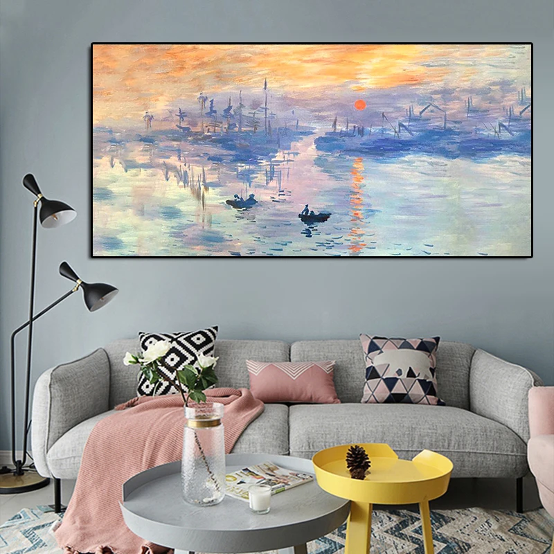 

Claude Monet Impression Sunrise Famous Landscape Oil Painting on Canvas Art Poster Print Wall Picture for Living Room Home Decor