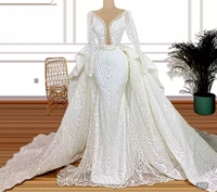 luxury lace wedding dresses for women 2021 bride mermaid dubai long sleeve bead detachable train bridal wedding gowns plus size