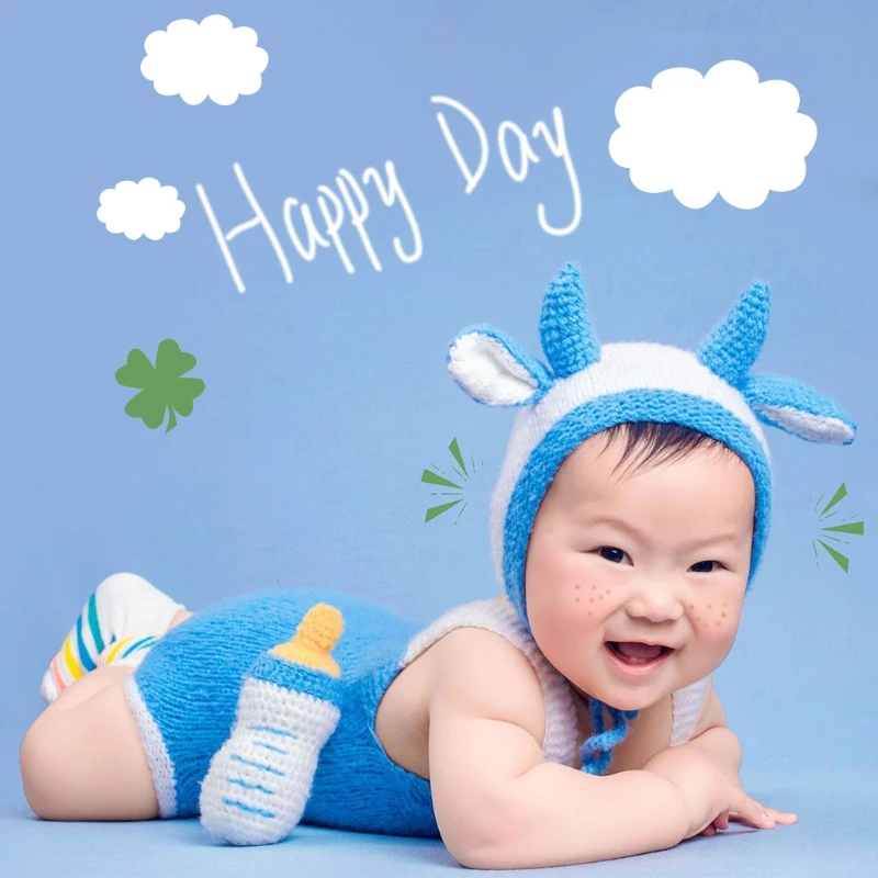 

3Pcs Newborn Baby Photo Props Knitted Sleevless Button Rompers Cow Hat Doll Toy