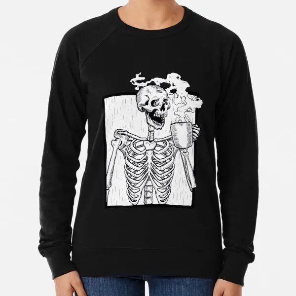 

Halloween Coffee Drinking Skeleton Print Black Lightweight Sweatshirt O Neck Long Sleeved Women Hoodies Fashion Men Ladies Suit