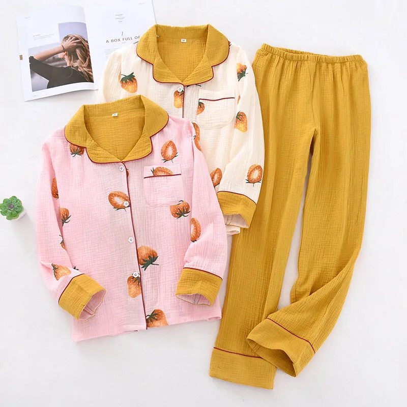 2020 Spring New Ladies Pajamas Set Sweet Strawberry Printed Women Turn-Down Collar Sleepwear Comfort Gauze Cotton Loose Homewear