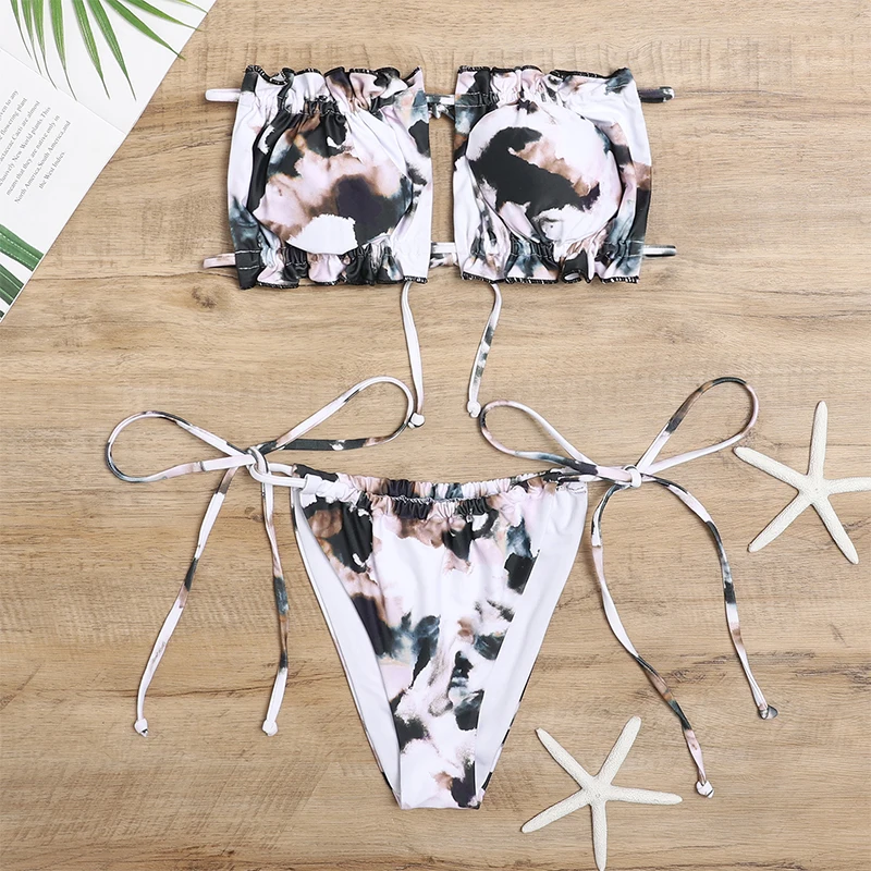 

Sexy Bikini Set Swimwear Women 2021 Two Piece Cow Tie-Dye Print Tube Top Side Tie Mid Waist Triangle Swimsuit Bathing Suit