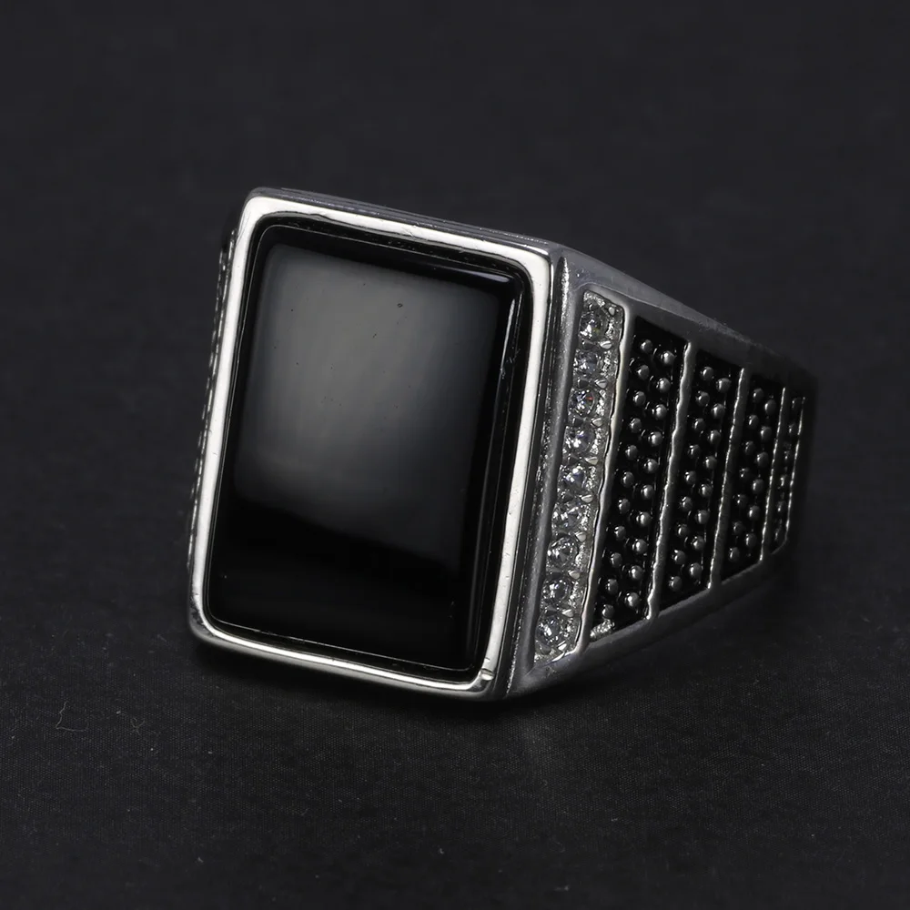 Guaranteed Silver s925 Vintage Mens Rings Natural Black Stone Turkey Ring For Gentlemen Micro Zircon Paved Turkish Jewelry