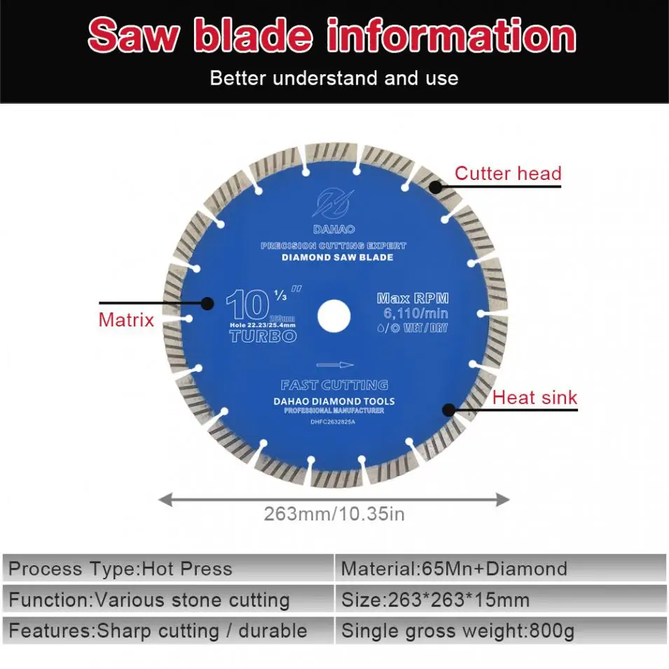 

263mm Split Tooth Saw Blade Volcanic Rock Cutting Blade Support Wet and Dry Cutting for Concrete / Stone / Masonry / Brick