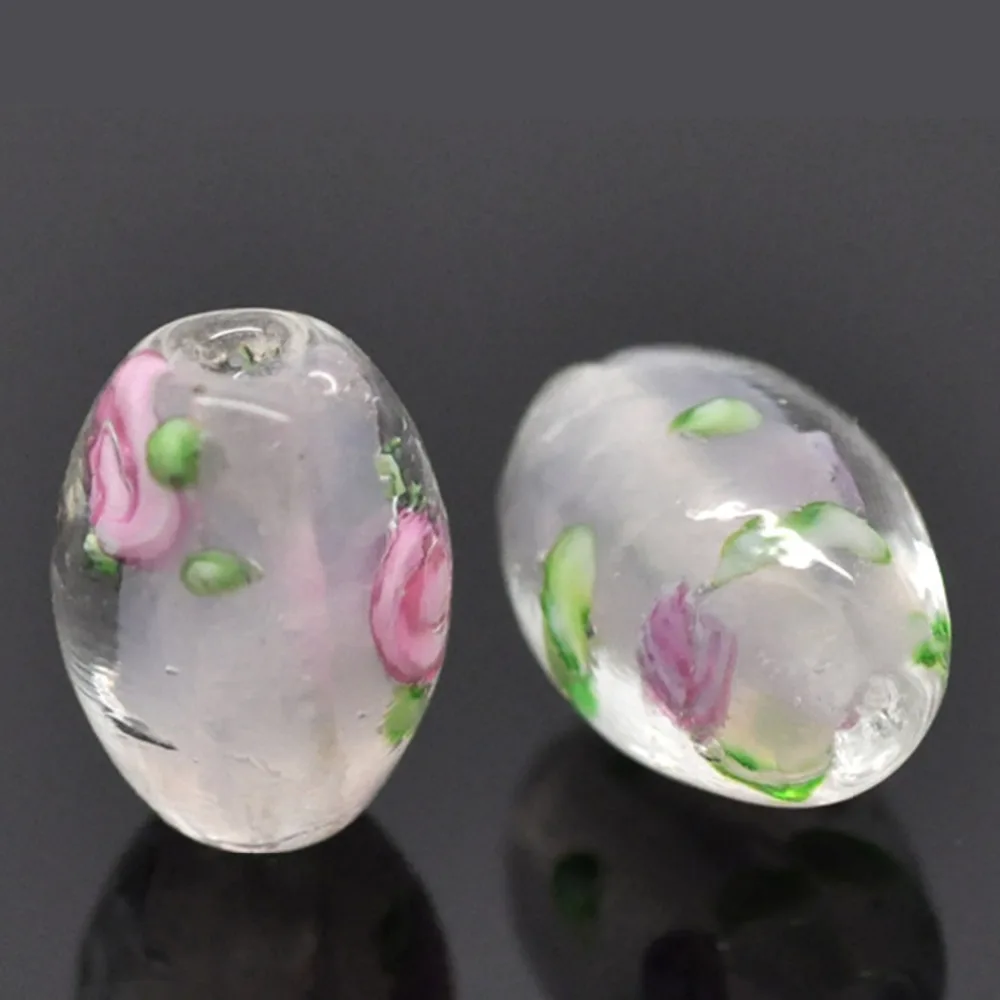 DoreenBeads Glass Beads Barrel Light pink Flower Pattern Dyed About 14mm( 4/8") x 10mm( 3/8"), Hole: Approx 1.6mm, 2 Pieces