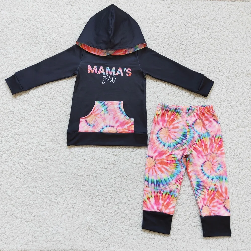 

Baby Girls Hooded Outfits Long Sleeve Shirt Pants Kids Fall Winter MAMA Print Tie Dye Pockets Clothes Boutique Wholesale