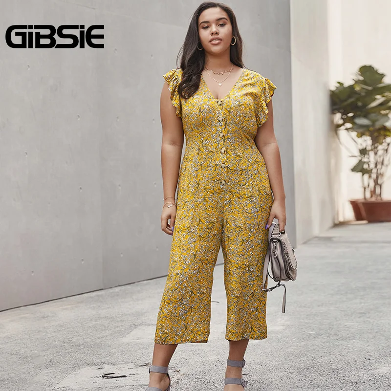 Женский комбинезон на пуговицах GIBSIE с v образным вырезом и широкими штанинами