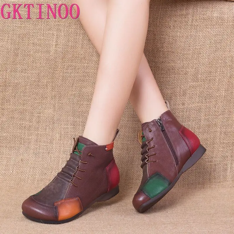 

GKTINOO Genuine Leather Women Boots Retro Shoes Mixed Colors Flat With 2022 New Autumn Winter Concise Square Toe Ladies Boots