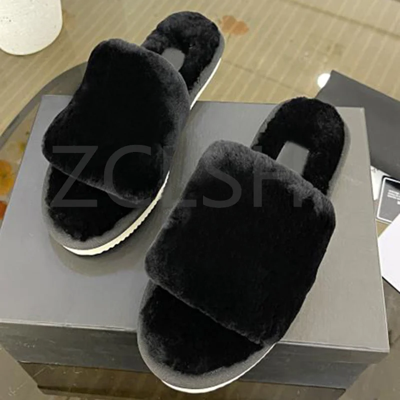 

Мюли женские на толстой подошве, роскошные брендовые, плюшевые шерстяные тапки на ремешке, тапки на платформе, зимние тапки